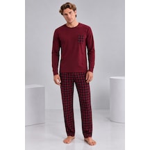 Pijamask Erkek Bordo Ekose Pantolonlu Cepli Uzun Kollu Pamuklu Pijama Takımı Bordo