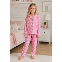 Beniizle Kız Çocuk Pijama Takımı Papatya Desenli Pembe Uzun Kollu Düğmeli 2 Li Pijama Takımı