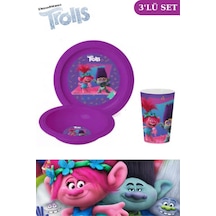 Flosoft Lisanslı Trolls Çocuk Kahvaltı Seti, Trolls Desenli Kase Tabak Bardak 3 Lü Yemek Seti