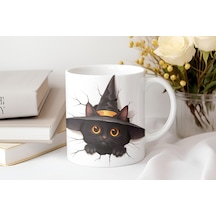 Halloween Kedi Figürlü Kupa Bardak 3 Boyutlu Tasarım Kabartmasız Beyaz