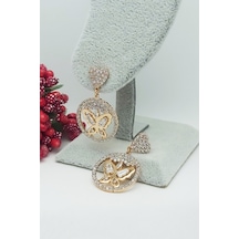 Rose Altın Kaplama Vip Seri Sallantılı Kalpli Kelebek Küpe 3,5 c Rose Gold