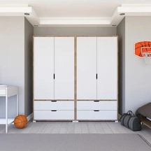 Nisan Açık Ceviz-beyaz 4 Kapılı 4 Çekmeceli Elbise Dolabı - Gardırop Seti Açık Ceviz & Beyaz