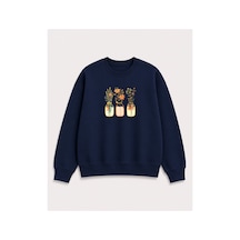 Herkesemoda Kavanoz Çiçek Baskı Detaylı Şardonlu 2 İplik Bisiklet Yaka Sweatshirt Lacivert