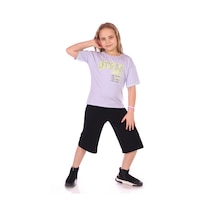 Toontoy Kids Toontoy Kız Çocuk 2'li Takım Baskılı Bisiklet Yaka T-shirt & Beli Lastikli Kapri Şort Açık Lila