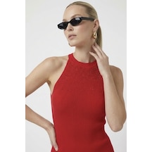 Neden Tekstil Kadın Taşlı Fitilli Halter Yaka Crop Bluz - Kırmızı