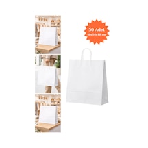 Burgu Saplı Kraft Çanta Beyaz Kağıt Poşet Butik Mağaza Hediye Tatlı Torbası 40x16x48 Cm 50li