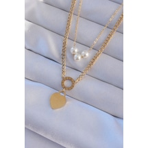 316l Çelik Gold Renk Çift Zincir İnci Detayı Love Kolye Çok REnkli