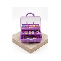 Çocuk Takı Ve Toka Organizeri Otomatik Açılır Katlı Düzenleyici Kutu 27x15x15 Cm Pembe Taşınabilir Çok Bölmeli Saklama Çantası Mor