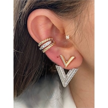 Pinery Jewels Vıp Seri - 3 Sıra Altın Gümüş Renk Kadın Earcuff Kıkırdak Küpe Altın