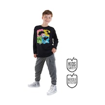 Erkek Çocuk Kışlık Dinozor Desenli Pamuklu Siyah Uzun Kollu 2 Parça T-Shirt Pantolon Takımı 4-10 Yaş