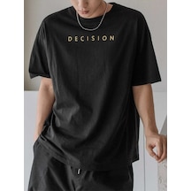 Unisex Siyah Oversiz Decision Baskılı Örme T-shirt Siyah