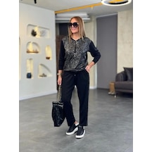 Defymoda Kadın İki İplik Kumaş Yılan Desenli Fermuarlı İkili Takım Siyah