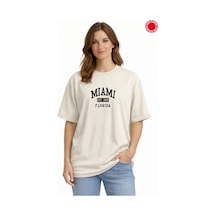 Unisex Oversize Tişört Miami Florida Baskılı %100 Pamuk Bej Salaş Rahat Yazlık Erkek Kadın T-shirt Bej
