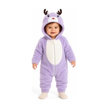 Tatlı Geyik Desenli Welsoft Bebek Tulumu Kapüşonlu Peluş Fermuarlı Kışlık Unisex Bebek Tulumu Mor