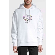 Ağaç Perisi Baskılı Beyaz Erkek Örme Kapşonlu Sweatshirt