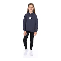 Toontoy Kids Toontoy Kız Çocuk 2'li Takım Baskılı Kapüşonlu Düşük Omuz Cepli Sweatshirt & Basic Düz Tayt Füme