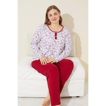 Siyah İnci Düğmeli Pamuklu Curve Büyük Beden Battal Boy Örme Pijama Takım 24240657 Beyaz