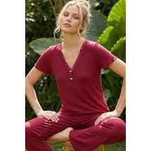 Siyah İnci Dantel Detaylı Fitilli Örme Pijama Takım 26120554 Vişne