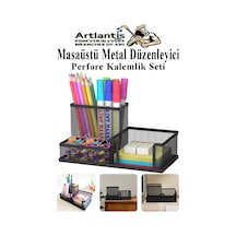 Masaüstü Metal Kalemlik Seti 3 Lü Kombo 1 Paket Fileli Perfore Pastel Renkli Kalemlik Kağıtlık Küpnotluk Düzenleyici Siyah