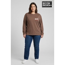 Süperlife Kadın Büyük Beden Orta Brooklyn Baskılı 2 İplik Bisiklet Yaka Tişört Spr26beak942-3 Açık Kahverengi