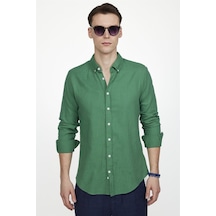 Tudors Slim Fit Uzun Kol Biyeli Yaka Düğmeli Keten Erkek Yeşil Gömlek-27199-Yeşil