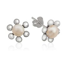 Gümüş İnci Çiçek Çivili Küpe Gold - Rose Gold