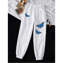 Butterfly Print Drawstring Waist 4 Mevsim Eşofman Beyaz