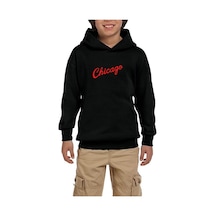 Zepplin Giyim Chicago Yazı Siyah Çocuk Kapşonlu Sweatshirt