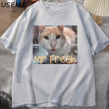 Flood Of Style Mr Fresh Meme T Shirt Turuncu Kedi Yeme T-shirt Yan Göz Komik Meme Kedi Kameraya Bakan Gıda T Gri