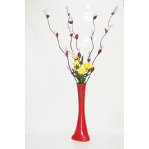 60 Cm Desenli Kırmızı Vazo 5 Adet Mor Üzüm Sarı Gül