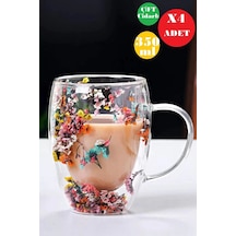 4'lü Çift Cidarlı Çiçekli Bardak Kahve Çay Bardağı Flower Cup 350ml El Yapımı Kulplu Cam Bardak Set