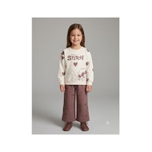 Uğur Bebe Kız Çocuk Stitch %100 Pamuk Eşofman Takımı Ekru Sweatshirt Bol Paça Vizon Renk Alt 2'li Spor Şık Takım Bej Vizon Bej Vizon