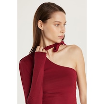 Tudors Kadın Standart Fit Fitilli Tek Kol Asimetrik Yaka Bordo Bluz-33994 Bordo