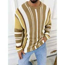 Kazak Oversize Renkli Örgü Desenli Naturel Pamuk Bol Kesim Salaş Triko Kazak Hardal