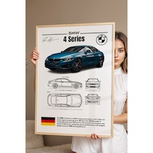 Bmw 4 Serisi Tablo - Teknik Özellikli Alman Spor Coupe Poster - Çerçeveli Duvar Dekoru - Blueprint Kayın