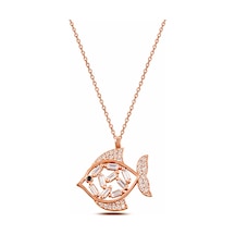 Çekirdekjewelry 925 Ayar Gümüş Rose Kaplama Balık Kolye Zirkon Taşlı Şık Tasarım Pembe