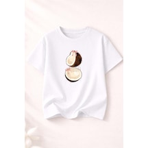 Herkesemoda Coconat Baskı Detaylı Kadın Bisiklet Yaka Pamuklu T-shirt Beyaz