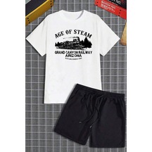 Uyguntarz Unisex Age Of Steam Baskılı Şort Takım Beyaz