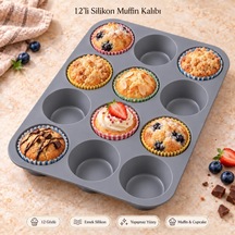 Tr 12'li Silikon Muffin Kalıbı Gri Cupcake Mini Kek Browni Kurabiye Tatlı Pişirme Tepsisi Esnek Tek Parça Yuvarlak Genel