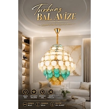 Modern Premium Turkuaz Bal Cam Taşlı Lüks Avize Gold Gövdeli Salon Yemek Odası Avizesi 25xe14 Duy Beyaz