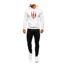 Witcher Pençe Eşofman Takımı Beyaz Sweatshirt Siyah Jogger - Baskılı Oversize Şardonlu Kapüşonlu Beyaz