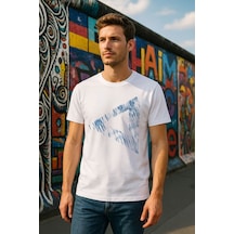 Markapia Erkek Rahat Kesim Bisiklet Yaka Baskılı Beyaz T-shirt Çok Renkli S