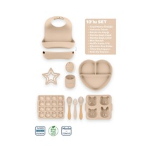 Silikon 10'lu Set Latte Bej / Önlük, Tabak, Kaşık, Çatal, Bardak, Diş Kaşıyıcı, Buz Kalıbı...
