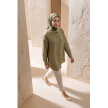 Armine Trend Gold Düğme Detaylı Klasik Yaka Uzun Tunik Rahat Kesim Şık Tesettür Tunik Modeli 89 Cm Boy Açık Haki 26yt471