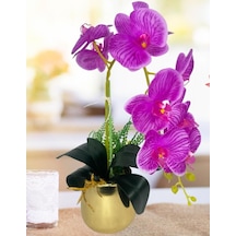 Yapay Çiçek Fuşya Islak Orkide Gold Metal Saksıda Seramik Saksıda Orkide 60cm