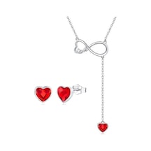 Monemel Kırmızı Kristal Taşlı Sevgililer Günü Özel Set Altın Kaplama N02333set Gümüş - Rodyum