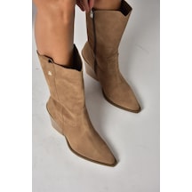 Fox Shoes Z654940161 Vizon Hakiki Deri Süet Kalın Topuklu Western Kadın Çizme