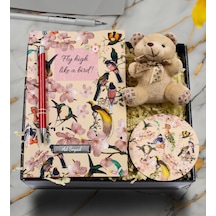 Kişiye Özel Kuş Motifli Defter & Peluş Ayıcık & Bardak Altlığı & Kalem Hediye Seti