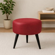 Waterybrook Suni Deri Puf - Ahşap Siyah Ayaklı - Retro Modern Tasarım - Oturma Ve Dekoratif Sehpa Kırmızı
