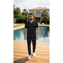 Fifty Color Unisex Trend Bürümcük Krinkıl Kumaş Yazlık Likralı Kısa Kol Tişört Eşofman Takım Siyah